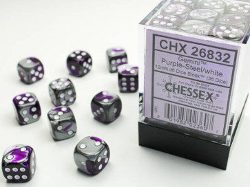 Chessex 12mm D6 Dice Block Gemini Purple-Steel/White