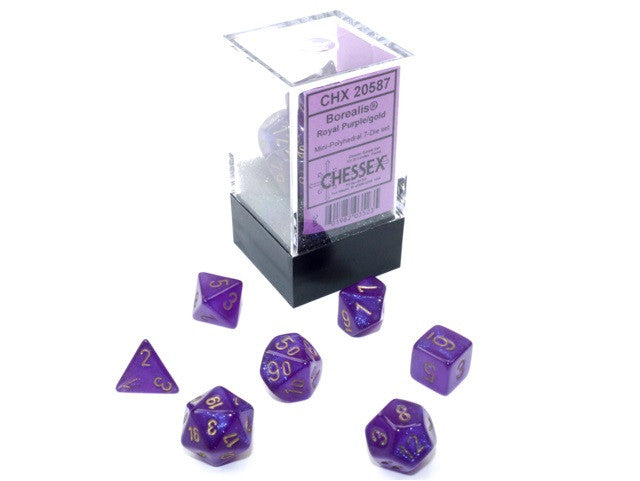 Chessex Mini-Polyhedral 7-Die Set Borealis Royal Purple/Gold (Luminary Effect)
